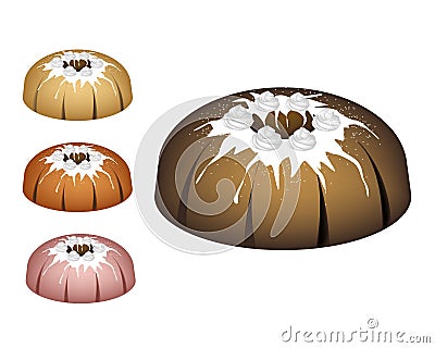 Four Bundt Cake Topped with Sugar Glaze and Icing Vector Illustration