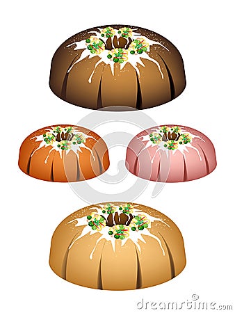 Four Bundt Cake Topped with Sugar Glaze and Nuts Vector Illustration