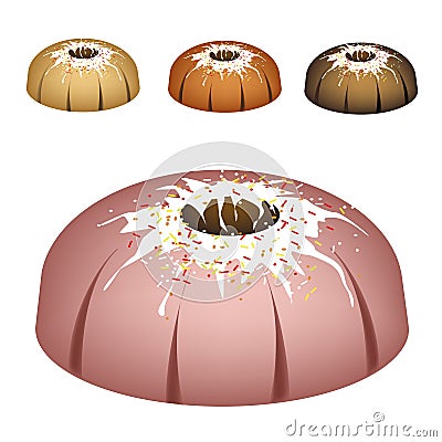 Four Bundt Cake Topped with Sugar Glaze and Sprinkles Vector Illustration