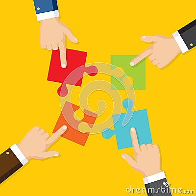 Business teamwork concept. Four businessman connecting puzzle. Vector Illustration