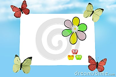 Four butterflies carry a message of all children out into the world on Children Day. Happy children day. Space for your creative t Stock Photo