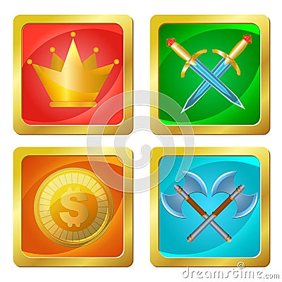 Four buttons with a coin, crown, crossed swords and crossed axes, EPS 10 Stock Photo