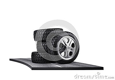 Four car tires on the asphalt. isolated on white. 3d render Stock Photo