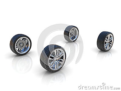 Four car wheels 3d rendering Cartoon Illustration