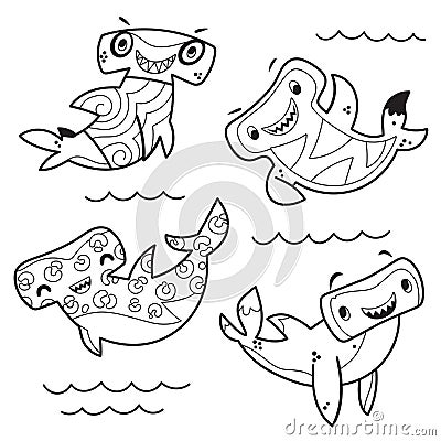 Four cartoon hammerhead sharks in contour. Coloring page Vector Illustration