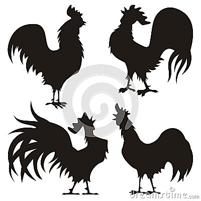 Four Cartoon Rooster Silhouettes Vector Illustration