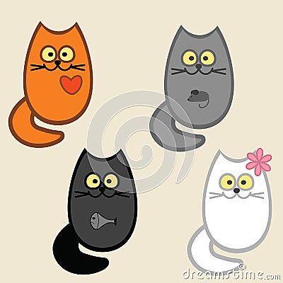 four cats: cat with fish, cat and mouse in the stomach, heart and kitty cat with a flower on an ear. Vector Illustration