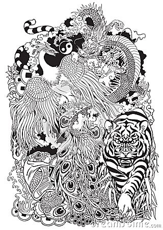 Four celestial animals black and white illustration Vector Illustration