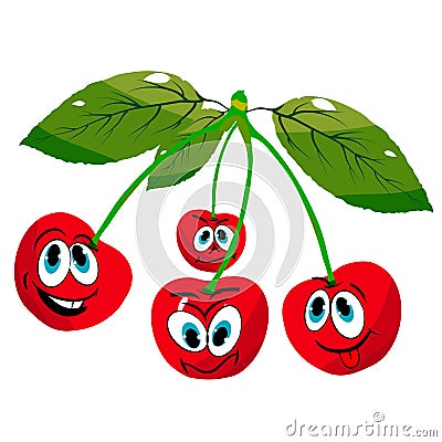 Four cheerful cherries on twigs, cartoon on a white background. Vector Illustration