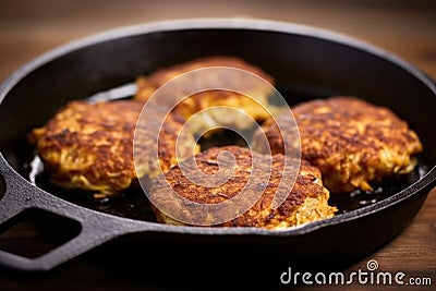 four chicken burger patties mid-flip on a cast-iron skillet Stock Photo