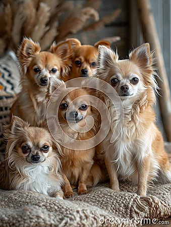Four chihuahua dogs sitting on chair in room Stock Photo