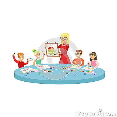 Four Children In Art Class Painting Cartoon Illustration With Elementary School Kids And Their Teacher In Creativity Vector Illustration