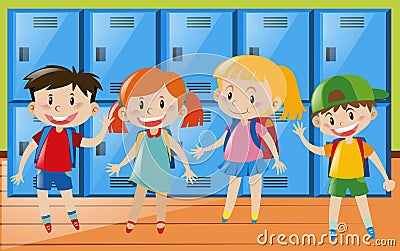 Four children in locker room Vector Illustration