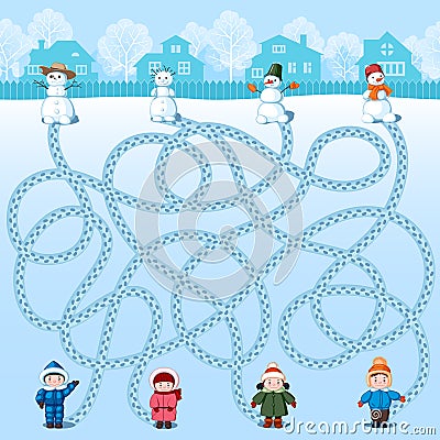 Four children make four snowmen. Find whose is where? Children`s picture with a riddle Vector Illustration
