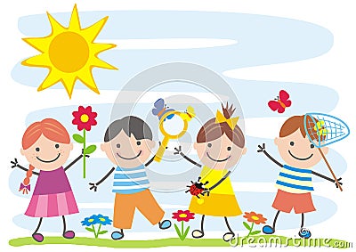 Four children in a meadow, science, eps. Vector Illustration