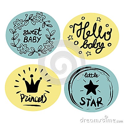 Four children s logo with handwriting. Vector Illustration