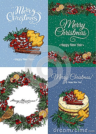 Four Christmas multicolored cards with greeting wreaths, pie and calligraphy. Vector illustration. Vector Illustration