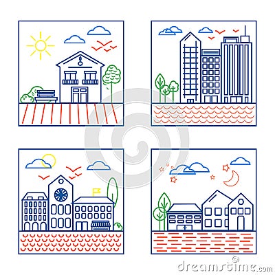 Four City Landscapes Illustrations Vector Illustration