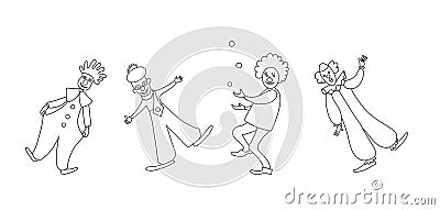 Four clowns. Black and white line vector illustration. Vector Illustration