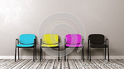 Four CMYK Colored Chairs on Wooden Floor Stock Photo
