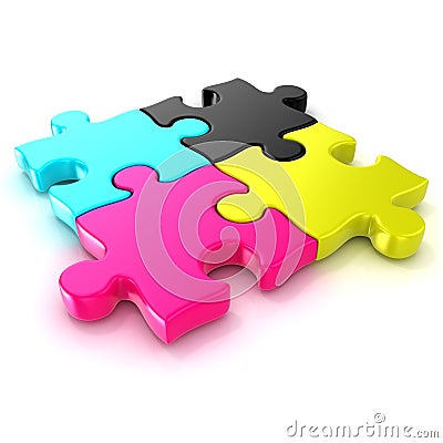 Four CMYK jigsaw puzzle pieces. Top view Stock Photo