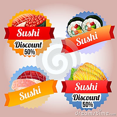 Four collection sushi badge japanese cuisine Vector Illustration