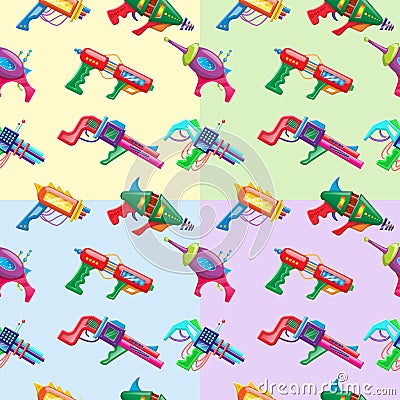 Four color cartoon style seamless pattern of kids colorful blasters. Vector Illustration