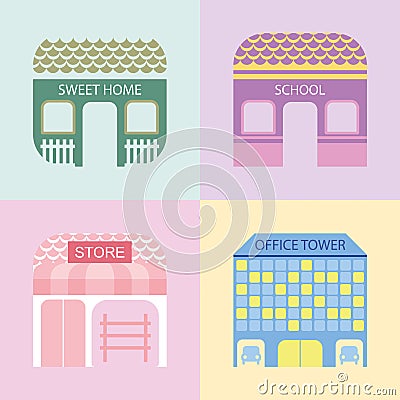 Four colored buildings Vector Illustration