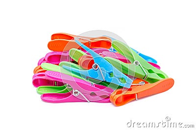 Four colored clothespin stack Stock Photo