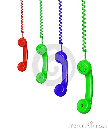 Four colored phones hanging Stock Photo