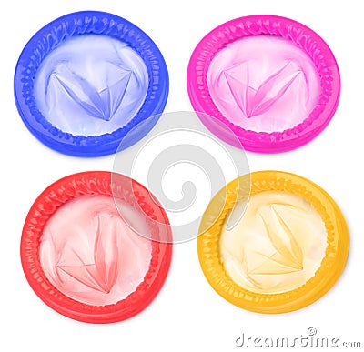 Four colorful condoms Stock Photo