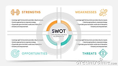 Four colorful elements with text inside placed around circle. Concept of SWOT-analysis template or strategic planning technique. Vector Illustration