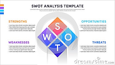 Four colorful elements with text inside placed around rectangle. Concept of SWOT-analysis template or strategic planning technique Vector Illustration