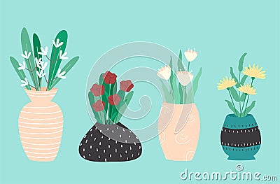 Four colorful flower bouquets in vases with patterns. Flat style. Vector illustration Vector Illustration