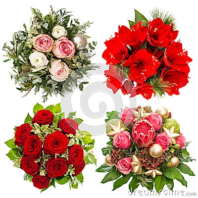 Four colorful flowers bouquet. roses, amaryllis, protea isolated Stock Photo