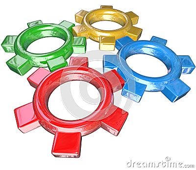 Four Colorful Gears Turning Together in Unison - Teamwork Synergy Stock Photo