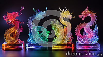 Four colorful illuminated glass dragons on stands, artistic display Cartoon Illustration