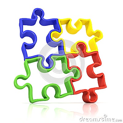 Four colorful outlined jigsaw puzzle pieces, banded Stock Photo