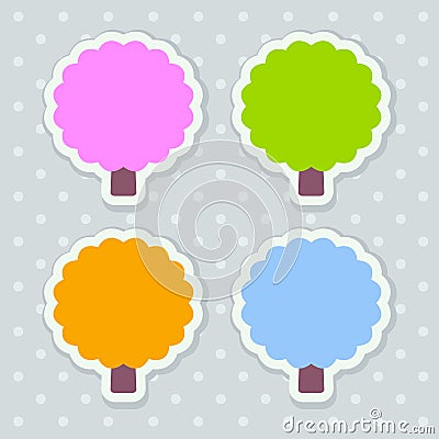 Four colorful seasonal stickers stylized as trees with scalloped edges Vector Illustration