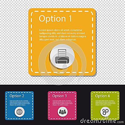 Four Colorful Square Infographic Business Buttons - Printer, World, People, Gears - Vector Illustration - Isolated On Transparent Stock Photo