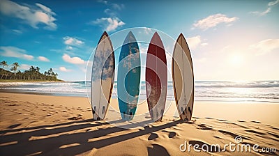 Four colorful surfboards on the sand beach on the in the evening, Summer, Vacation, Holiday Stock Photo
