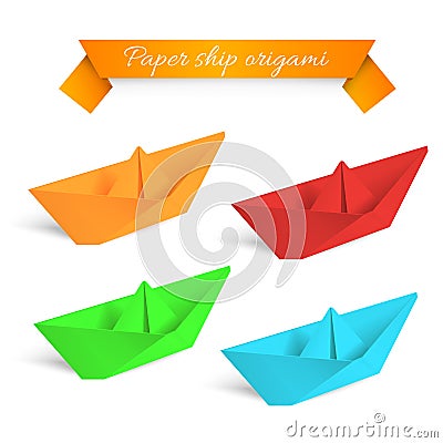 Four colorfull paper ships origami. Vector Illustration