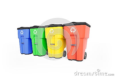 Four colorfull plastic garbage bins with recycling logo, staked on row. Stock Photo