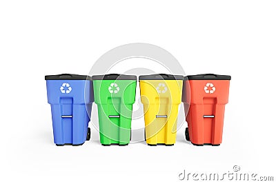 Four colorfull plastic garbage bins with recycling logo, staked on row Stock Photo