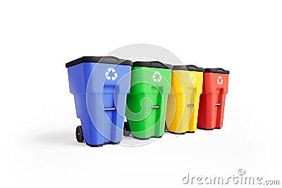 Four colorfull plastic garbage bins with recycling logo, staked on row. Stock Photo