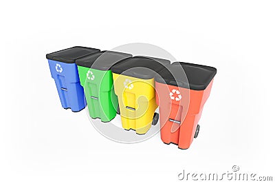 Four colorfull plastic garbage bins with recycling logo, staked on row. Stock Photo