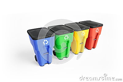 Four colorfull plastic garbage bins with recycling logo, staked on row. Stock Photo