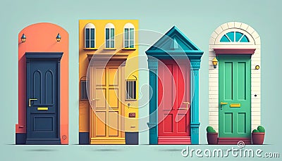 Four colourful doors on isolated light background. Generative AI. Cartoon Illustration