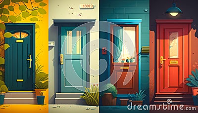 Four colourful doors on isolated light background. Generative AI. Cartoon Illustration