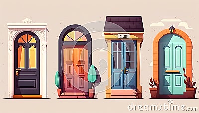Four colourful doors on isolated white background. Generative AI. Cartoon Illustration